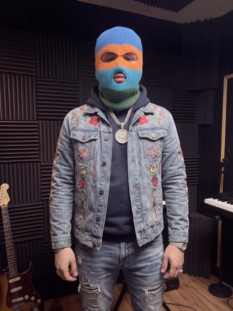 Mateo Acebo de pie en el estudio con su máscara tejida
